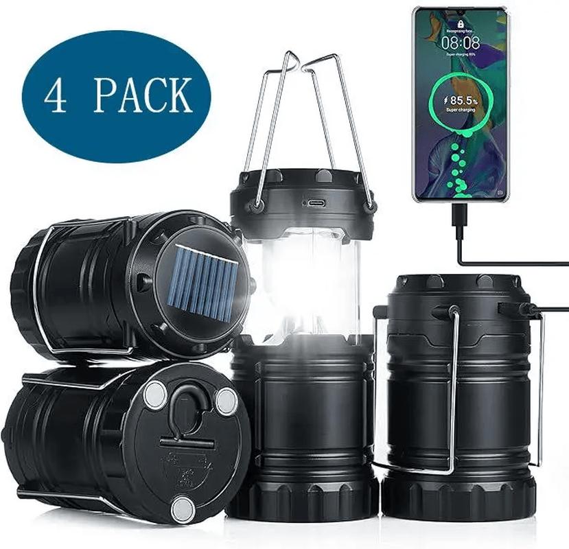 Rachymack Black 4 Pack 4-Pack Collapsible Portable LED Camping Lantern Lightweight Waterproof Solar USB Rechargeable Flashlight for Indoor/Outdoor Emergency Use