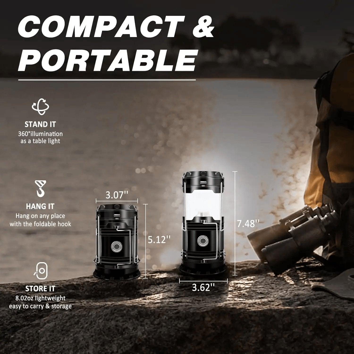 Rachymack Black 4 Pack 4-Pack Collapsible Portable LED Camping Lantern Lightweight Waterproof Solar USB Rechargeable Flashlight for Indoor/Outdoor Emergency Use