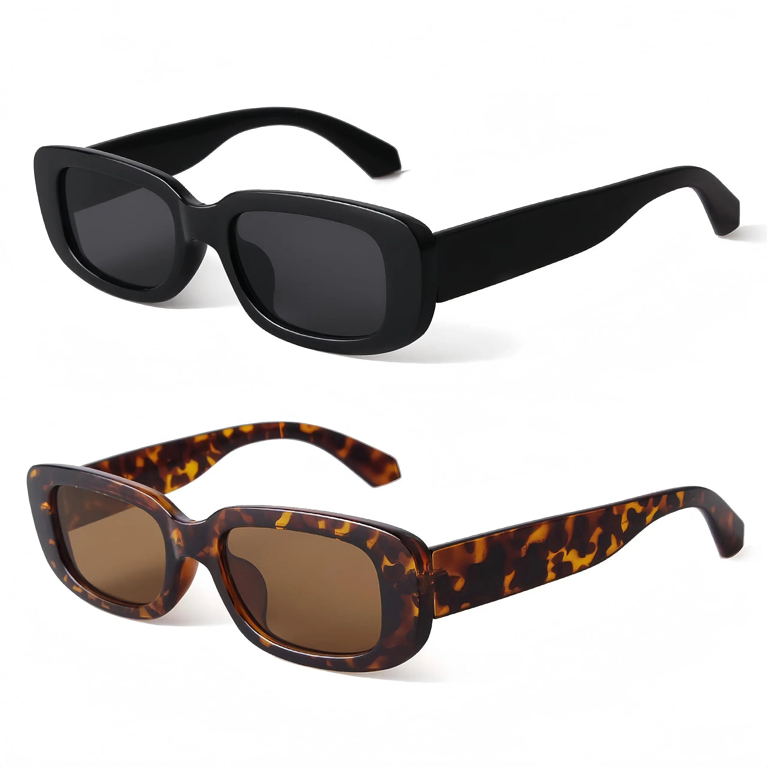 Rachymack Black / Leopard Print Rectangle Sunglasses for Women Retro Driving Glasses - 90S Vintage Narrow Square Frame - Aesthetic Fashion Eyewear for Streetwear & Travel