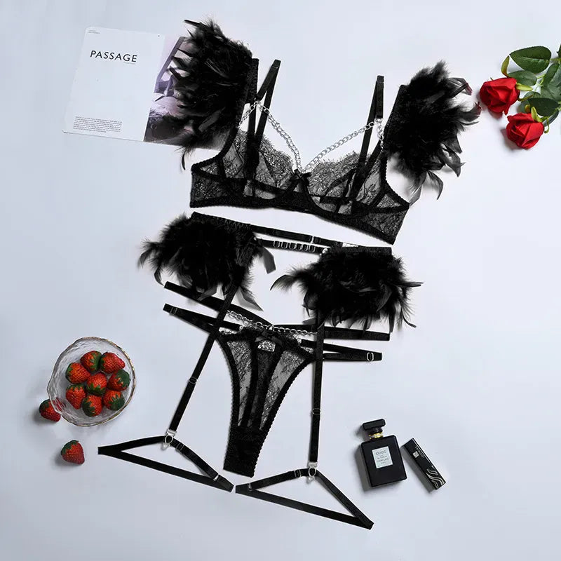 Rachymack black / S Lace Feather Exotic Set: Sexy Lingerie Trio