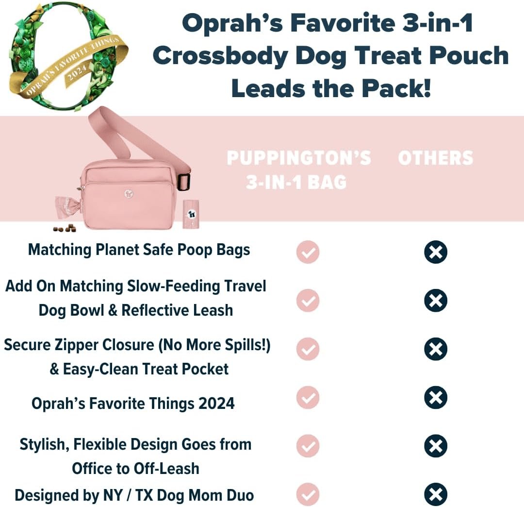 Rachymack Blush Pink 3-In-1 Crossbody Dog Treat Pouch for Pet Training - Compostable Poop Bags, Built-In Poop Bag Dispenser, Slow-Feeding Travel Dog Bowl & Reflective Leash - Dog Walking Bag (Blush Pink)