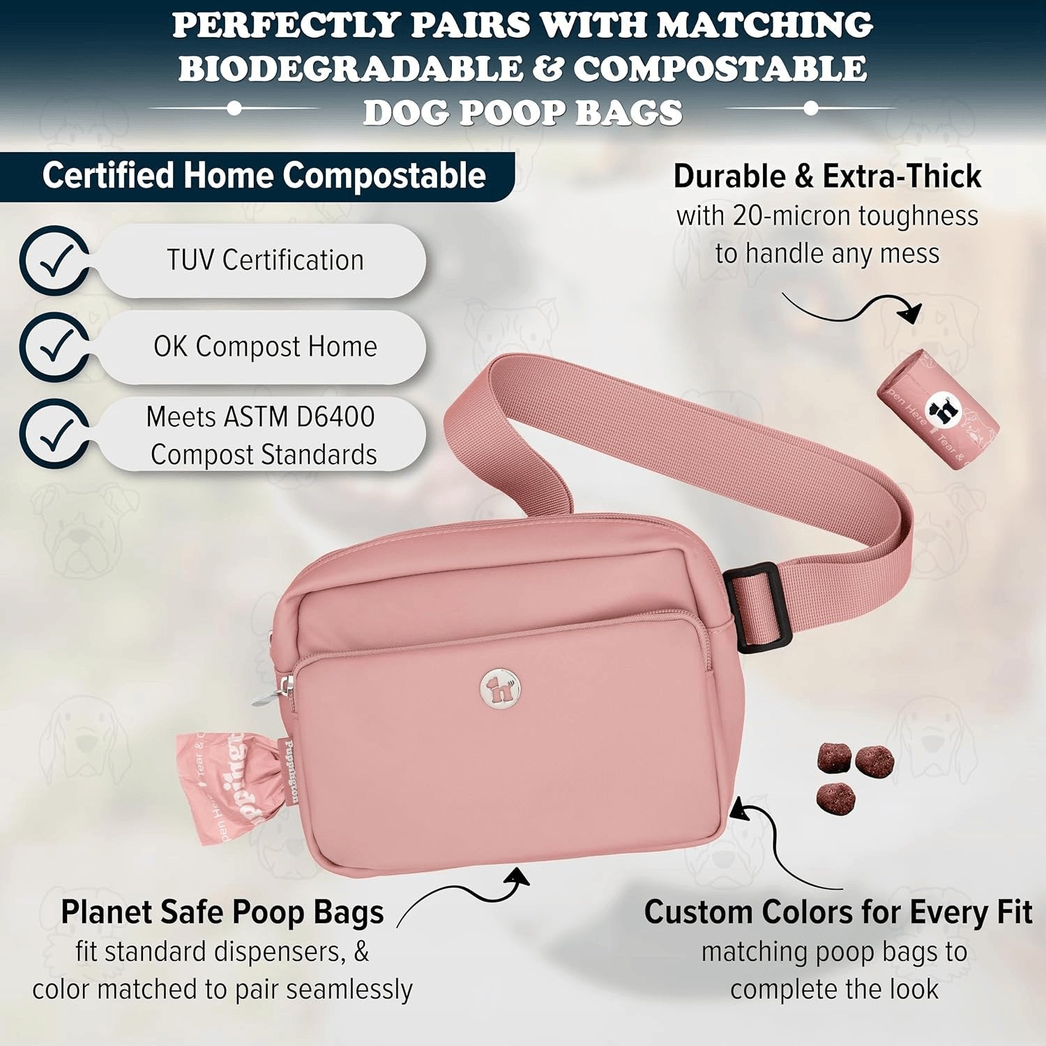 Rachymack Blush Pink 3-In-1 Crossbody Dog Treat Pouch for Pet Training - Compostable Poop Bags, Built-In Poop Bag Dispenser, Slow-Feeding Travel Dog Bowl & Reflective Leash - Dog Walking Bag (Blush Pink)