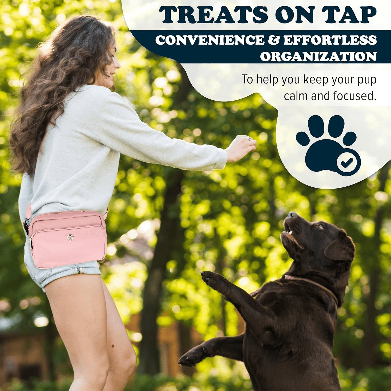 Rachymack Blush Pink 3-In-1 Crossbody Dog Treat Pouch for Pet Training - Compostable Poop Bags, Built-In Poop Bag Dispenser, Slow-Feeding Travel Dog Bowl & Reflective Leash - Dog Walking Bag (Blush Pink)