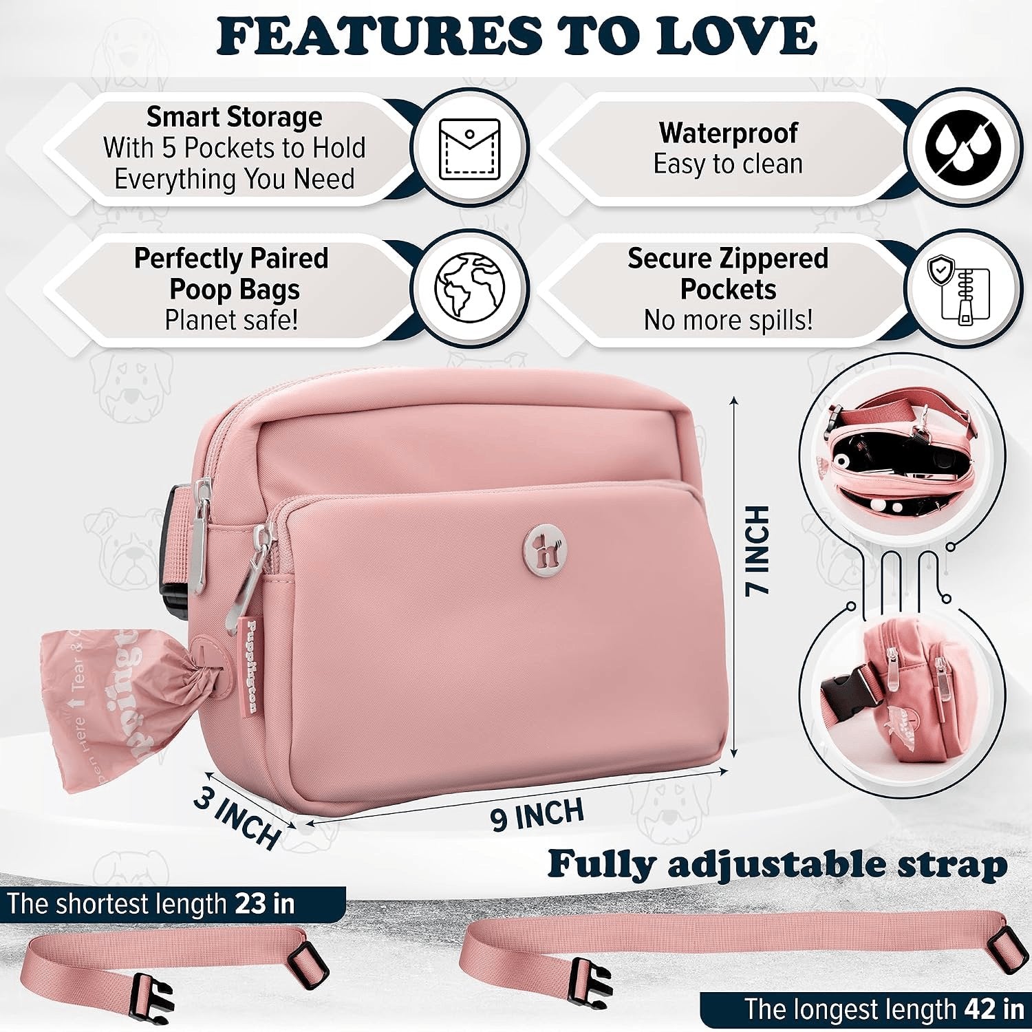 Rachymack Blush Pink 3-In-1 Crossbody Dog Treat Pouch for Pet Training - Compostable Poop Bags, Built-In Poop Bag Dispenser, Slow-Feeding Travel Dog Bowl & Reflective Leash - Dog Walking Bag (Blush Pink)