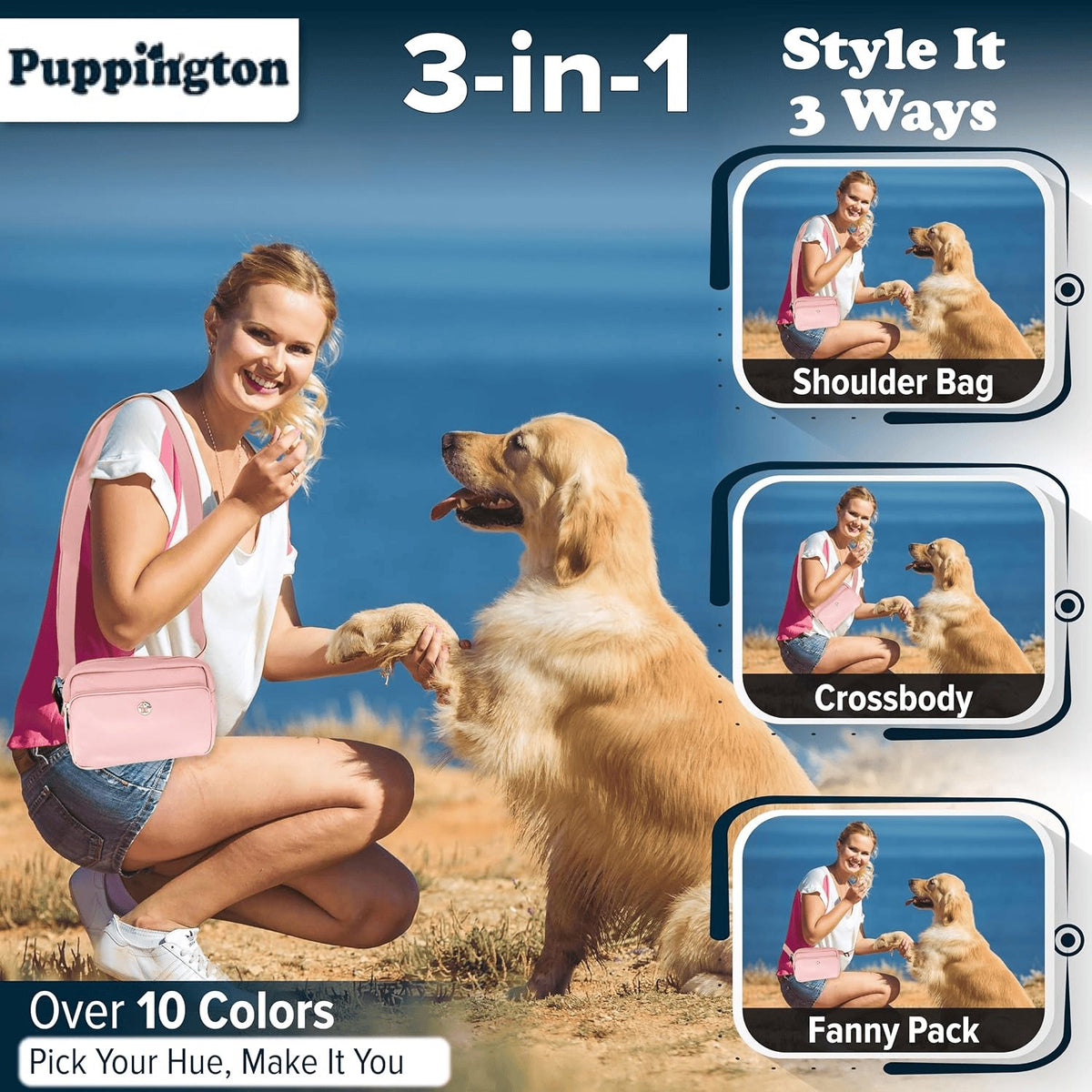 Rachymack Blush Pink 3-In-1 Crossbody Dog Treat Pouch for Pet Training - Compostable Poop Bags, Built-In Poop Bag Dispenser, Slow-Feeding Travel Dog Bowl & Reflective Leash - Dog Walking Bag (Blush Pink)