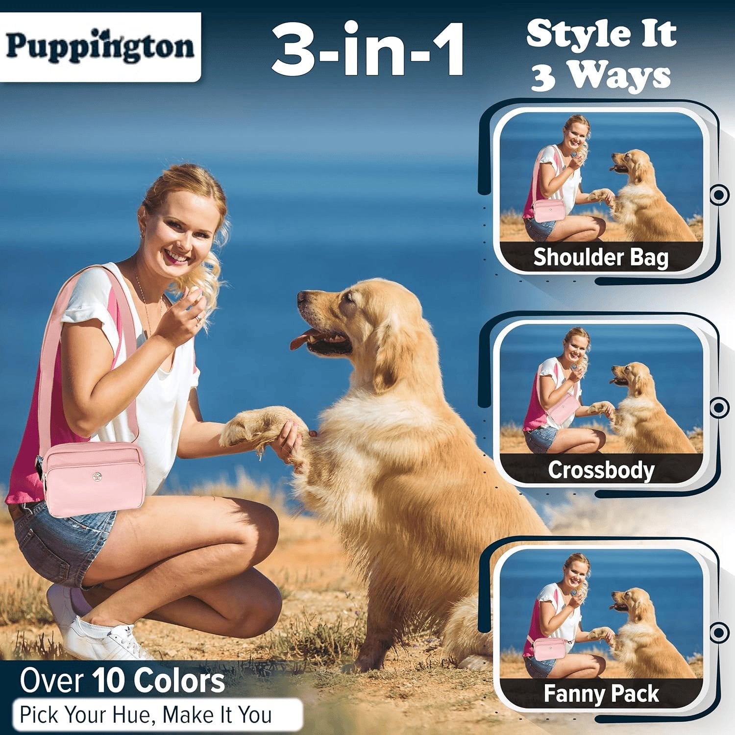 Rachymack Blush Pink 3-In-1 Crossbody Dog Treat Pouch for Pet Training - Compostable Poop Bags, Built-In Poop Bag Dispenser, Slow-Feeding Travel Dog Bowl & Reflective Leash - Dog Walking Bag (Blush Pink)