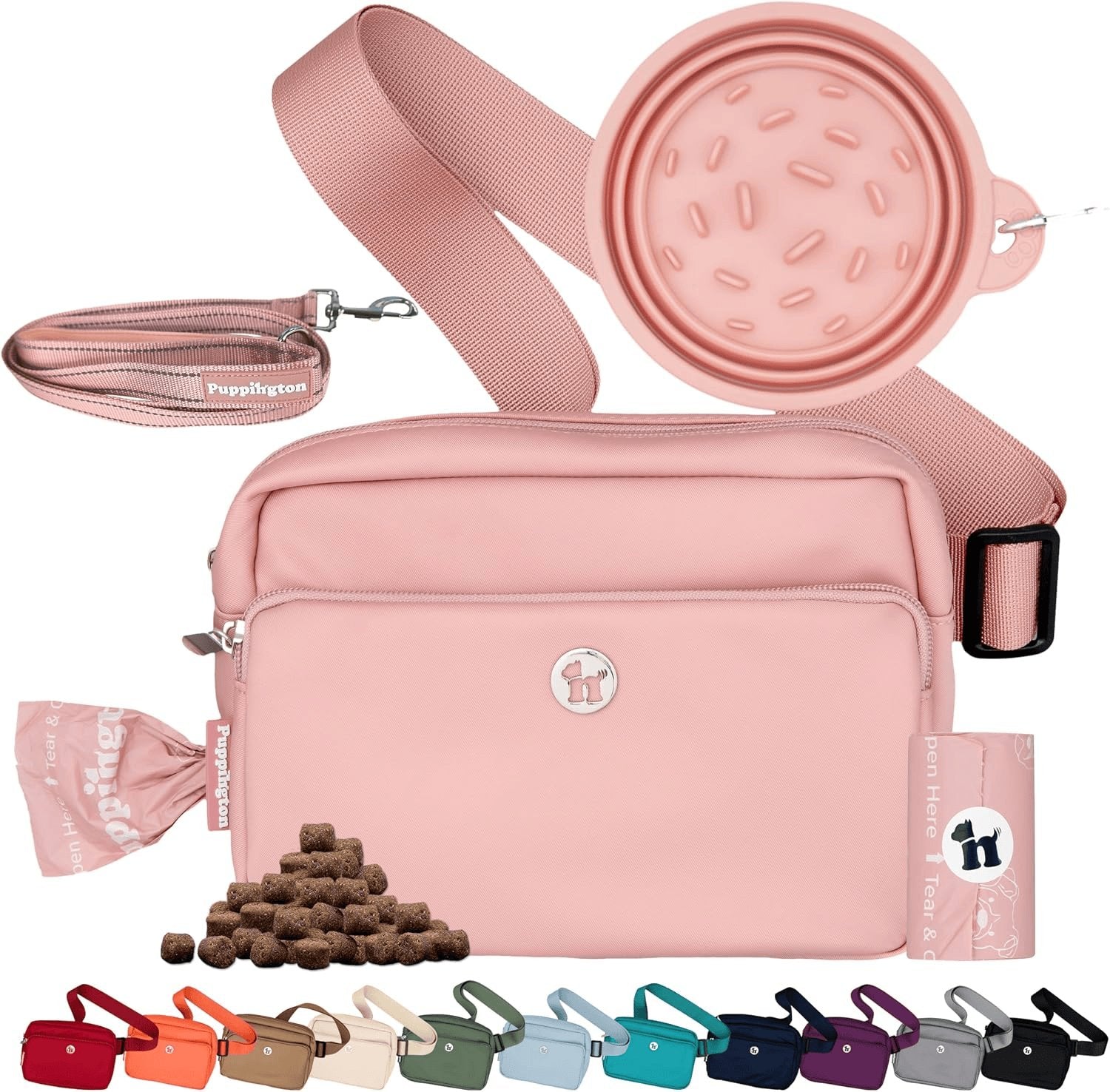 Rachymack Blush Pink 3-In-1 Crossbody Dog Treat Pouch for Pet Training - Compostable Poop Bags, Built-In Poop Bag Dispenser, Slow-Feeding Travel Dog Bowl & Reflective Leash - Dog Walking Bag (Blush Pink)