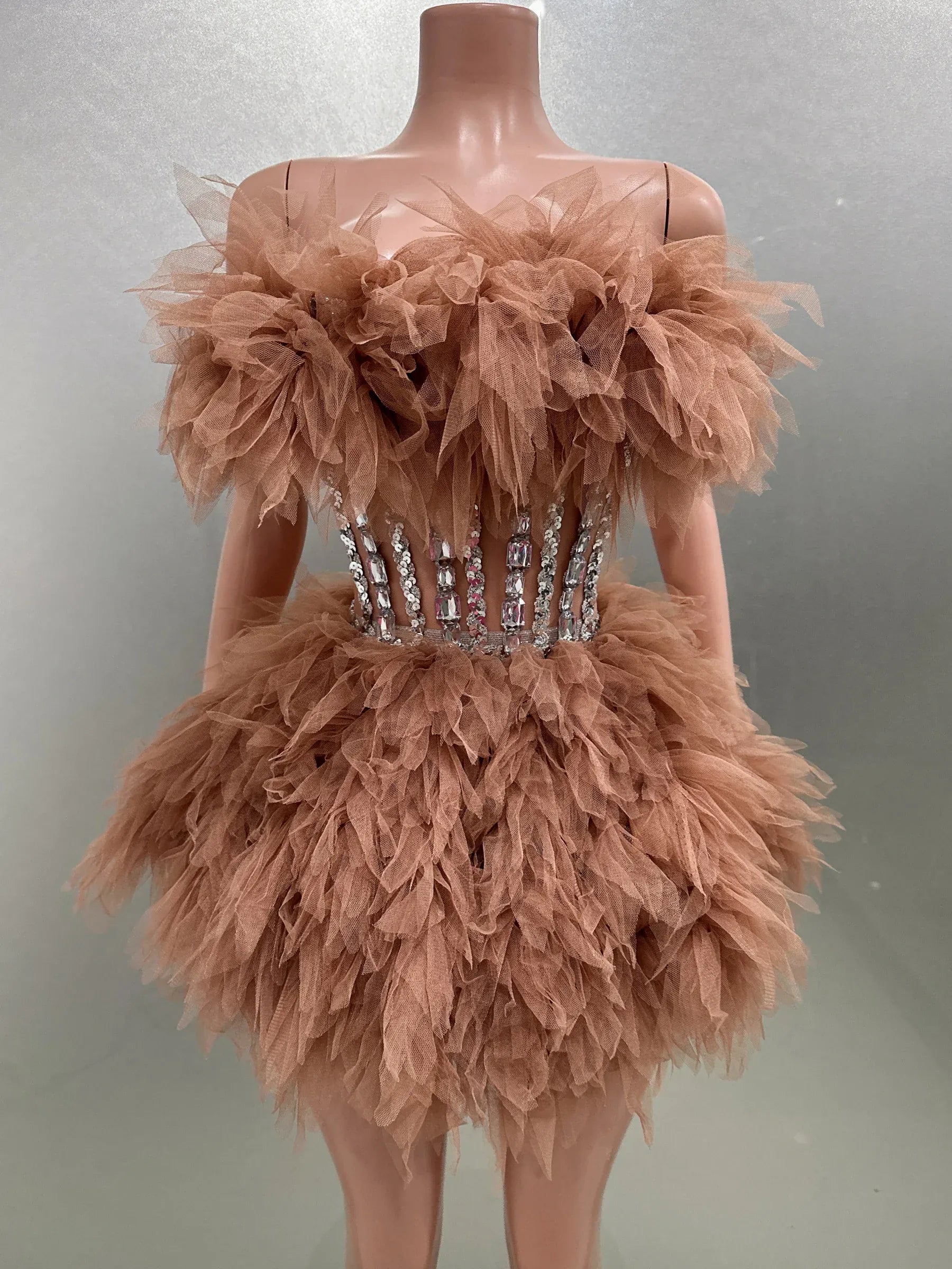 Rachymack Brown / M Sexy Strapless Mesh Ruffle 2-Piece Mini Dress – Party & Photoshoot Ready
