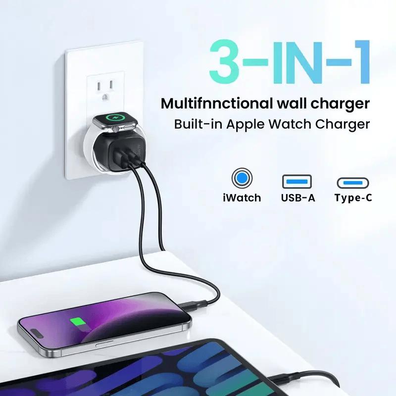 Rachymack Default 3-In-1Magnetic Wireless Cordless PD USB-C Wall Charger Block - 20W Fast Charging, Compatible with Iwatch Ultra/9/8/7/6, Iphone 17/17 Pro/16/16 Pro/15 Series, Electronic Cellphone, Apple Watch Seires