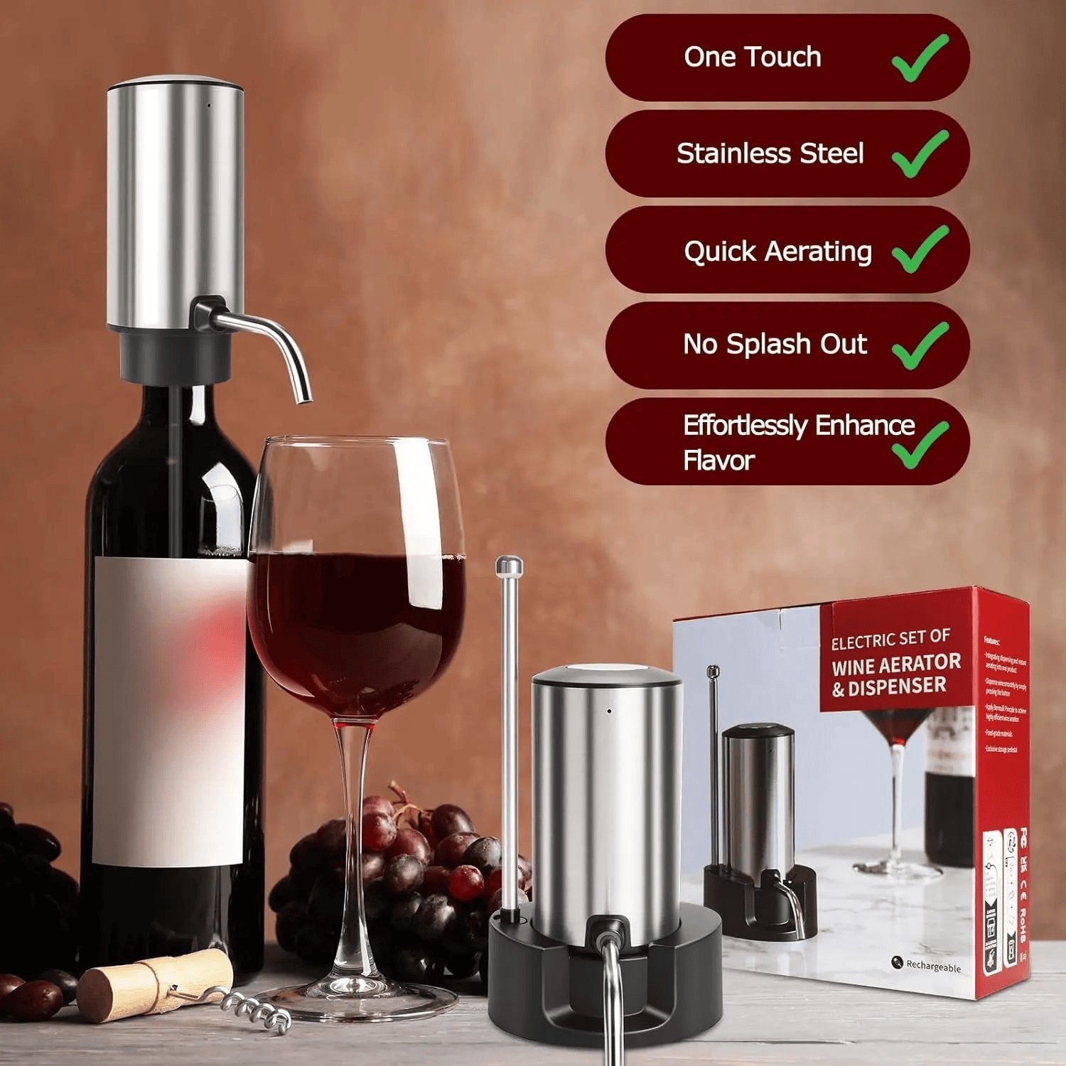 Rachymack Electric Wine Aerator Wine Pump Dispenser for Wine Bottles Elegant Stainless Steel Design, Rechargeable Gift for Wine Lovers