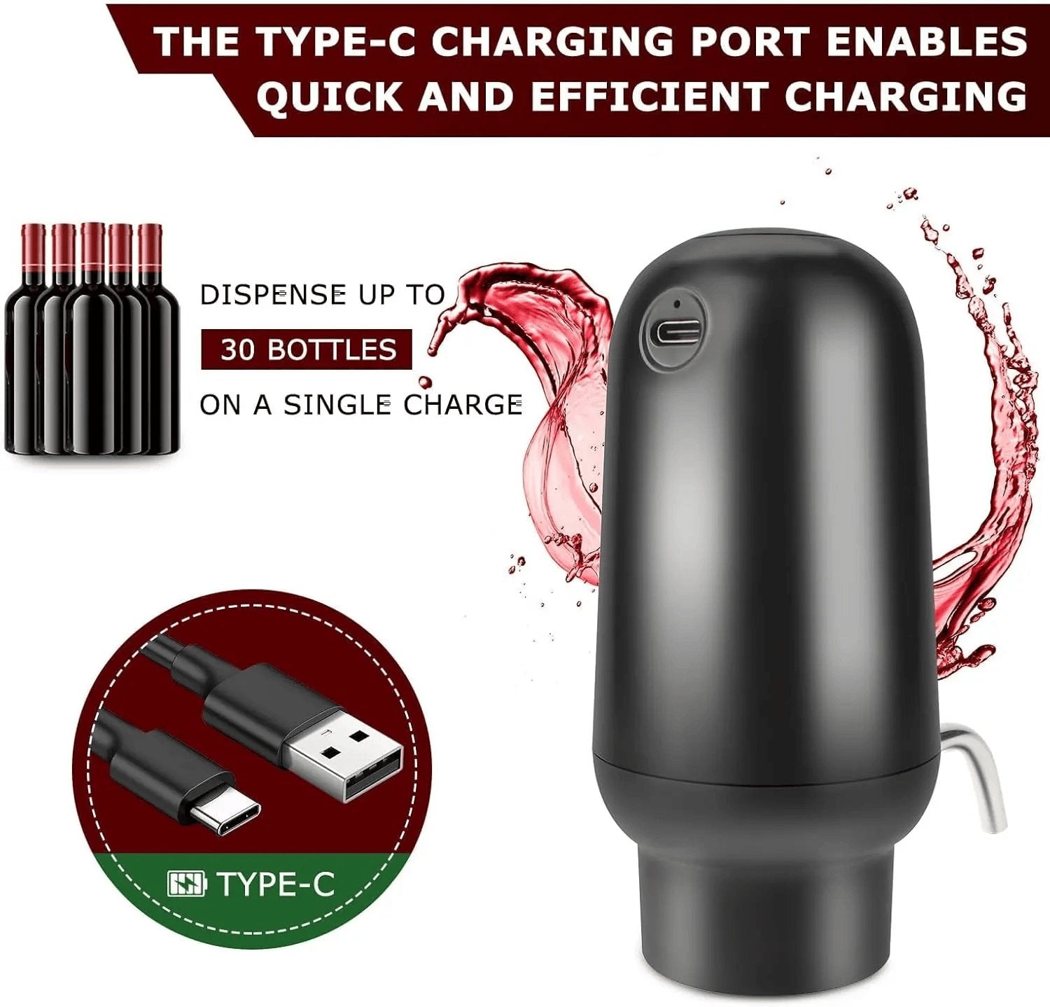 Rachymack Electric Wine Aerator Wine Pump Dispenser for Wine Bottles Elegant Stainless Steel Design, Rechargeable Gift for Wine Lovers