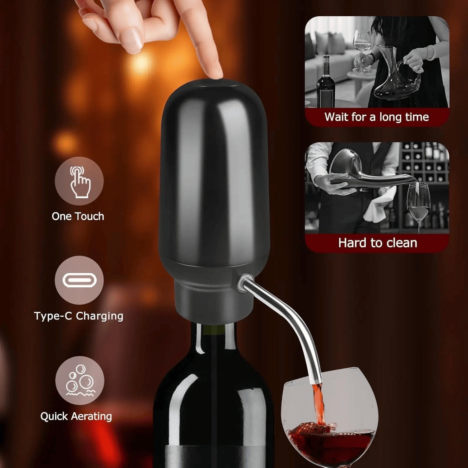 Rachymack Electric Wine Aerator Wine Pump Dispenser for Wine Bottles Elegant Stainless Steel Design, Rechargeable Gift for Wine Lovers