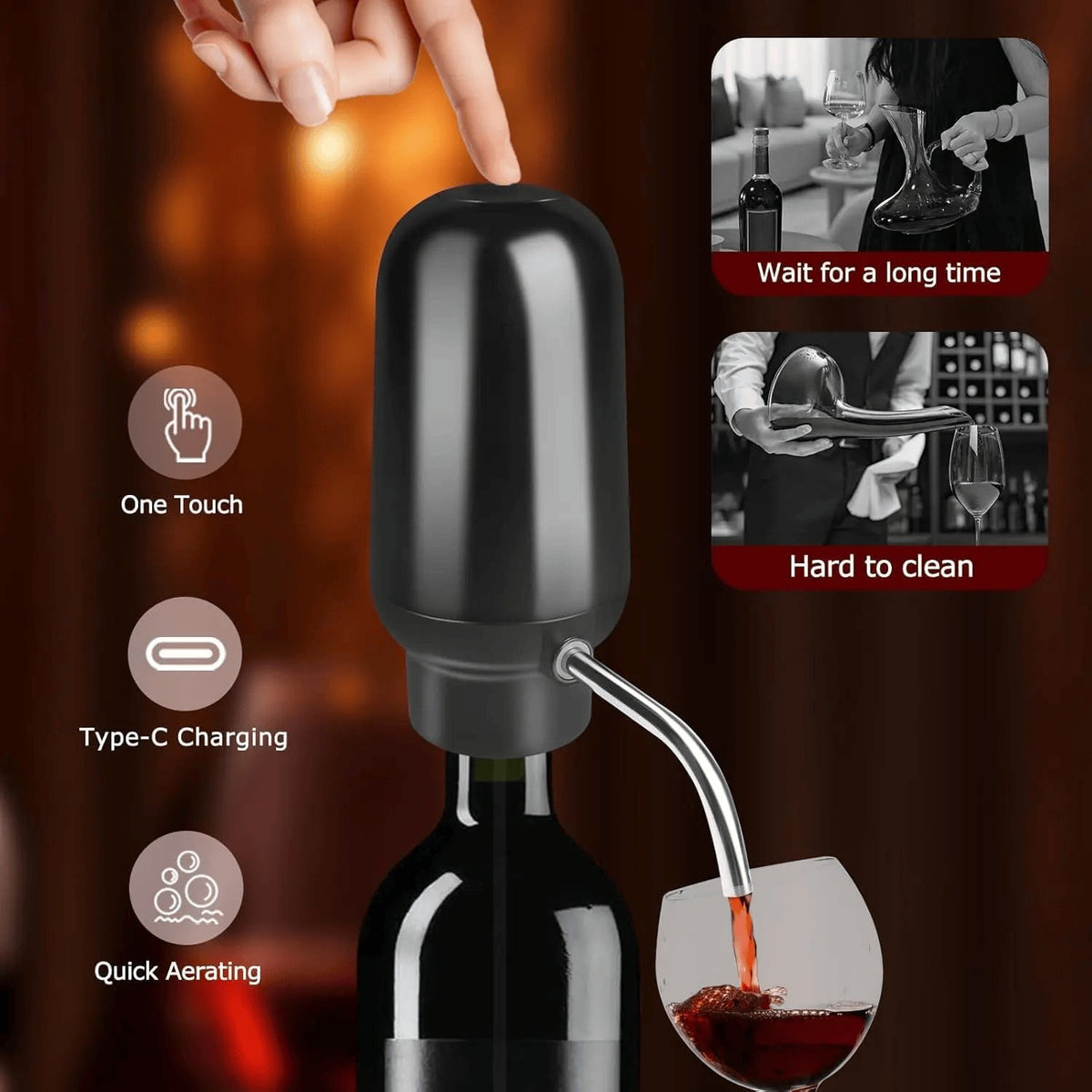 Rachymack Electric Wine Aerator Wine Pump Dispenser for Wine Bottles Elegant Stainless Steel Design, Rechargeable Gift for Wine Lovers