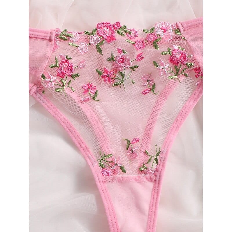 Rachymack Floral Embroidery Low Waist Lace Transparent Lingerie Set