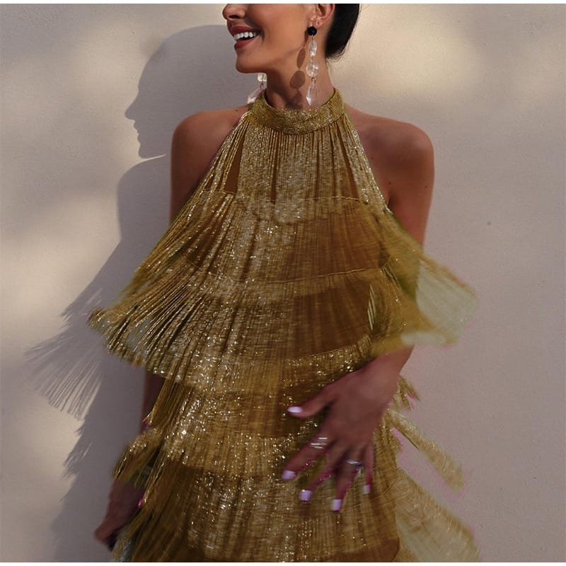 Rachymack Golden / S S Tassel Backless Mini Dresses
