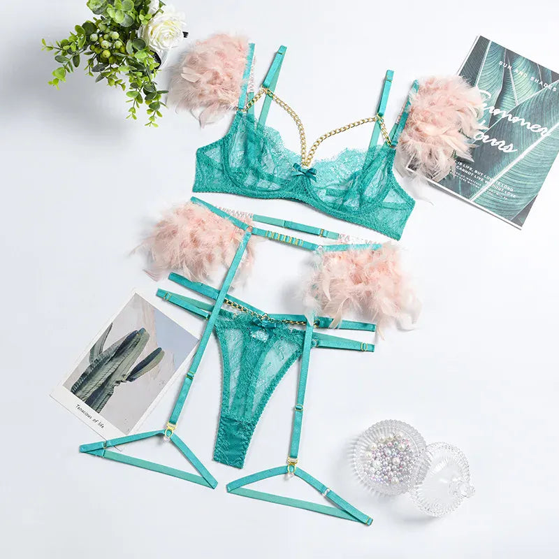 Rachymack green pink / S Lace Feather Exotic Set: Sexy Lingerie Trio