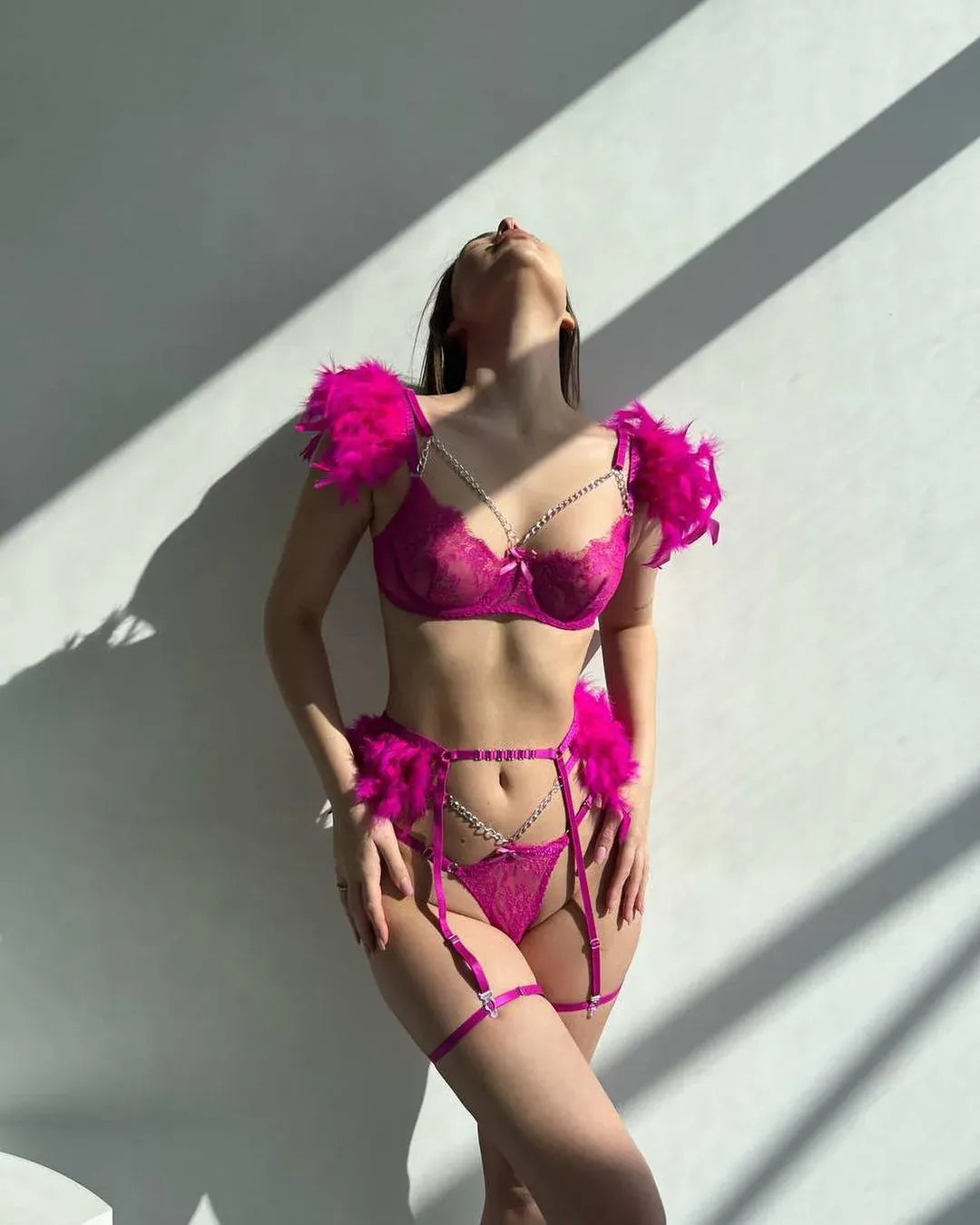 Rachymack Lace Feather Exotic Set: Sexy Lingerie Trio