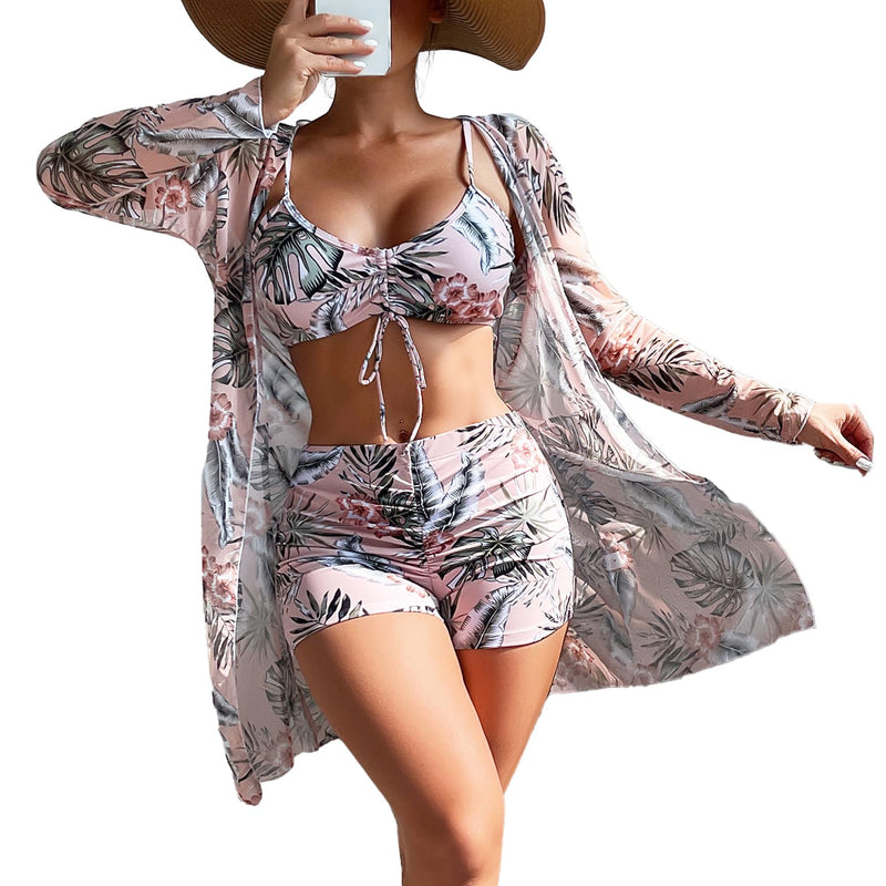 Rachymack Large / Light Pink Leaf Women's Swimsuit Printed Ruched Long Sleeve