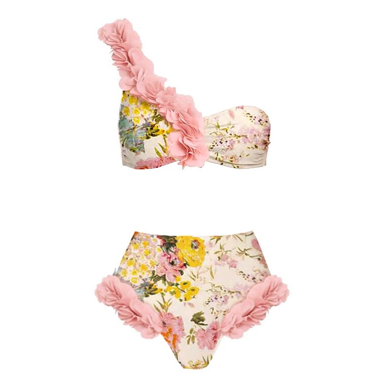 Rachymack Medium / Light Pink + Yellow Flower Swimwear Bathing Suit with Cover Up Set