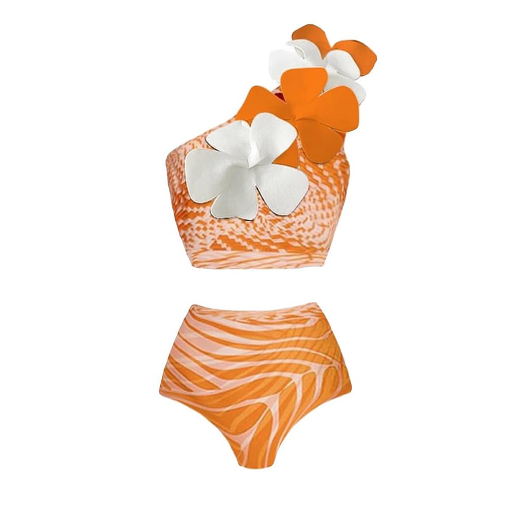 Rachymack Medium / Orange Flower Leaves Swimwear Bathing Suit with Cover Up Set