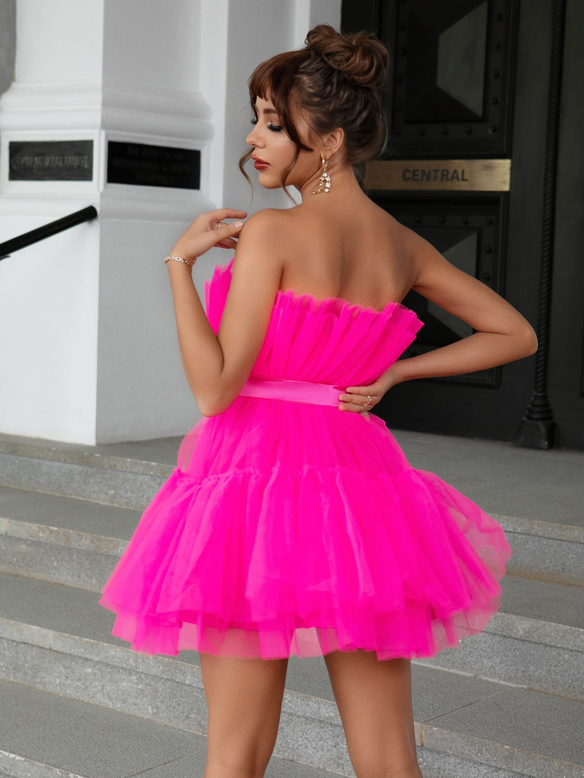 Rachymack Mesh Solid Pink Ruched Halloween Dress