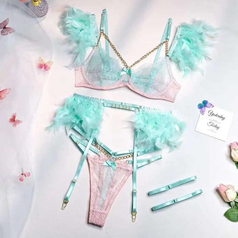 Rachymack mint green pink / S Lace Feather Exotic Set: Sexy Lingerie Trio