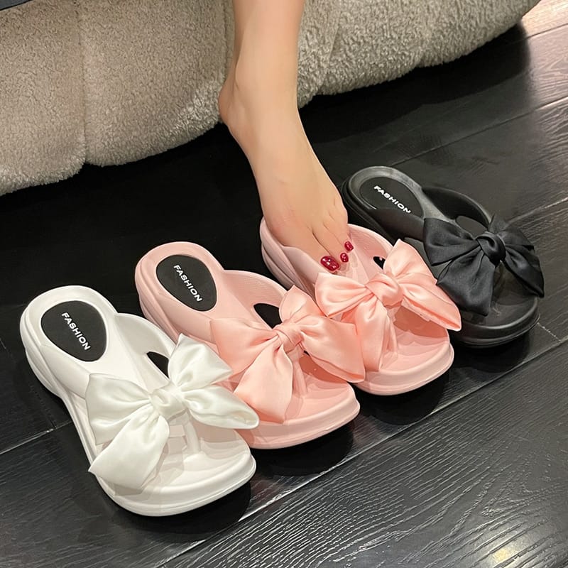 Rachymack Pink Big Bowknot Wedge Flip Flops Slippers