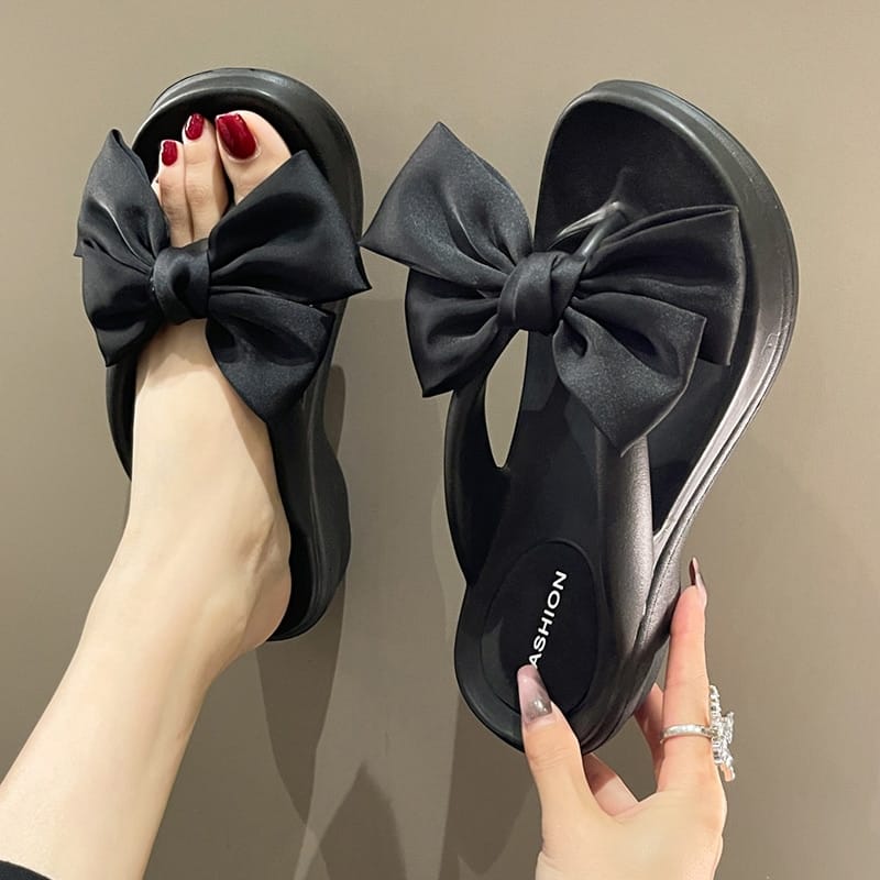 Rachymack Pink Big Bowknot Wedge Flip Flops Slippers