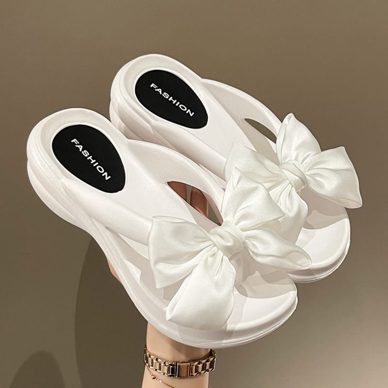 Rachymack Pink Big Bowknot Wedge Flip Flops Slippers