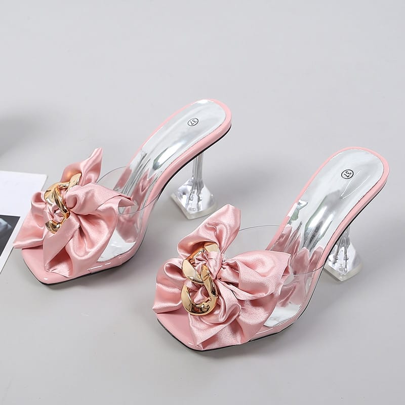 Rachymack Pink Butterfly-knot Designer Sandals Clear Heels