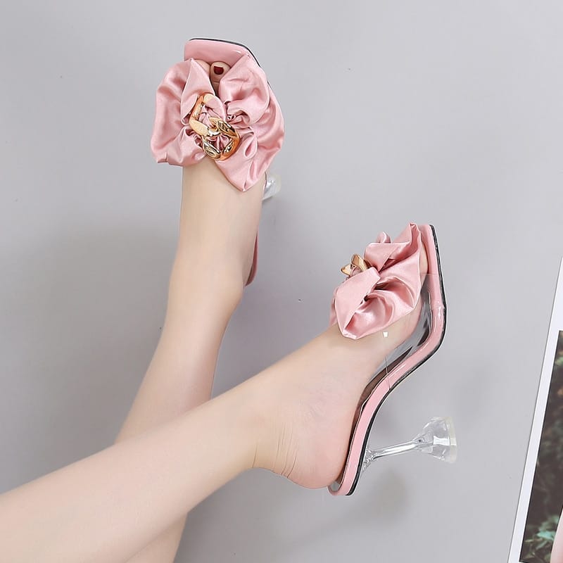 Rachymack Pink Butterfly-knot Designer Sandals Clear Heels