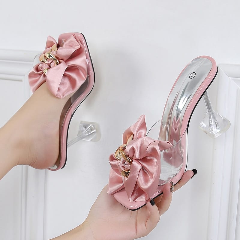 Rachymack Pink Butterfly-knot Designer Sandals Clear Heels