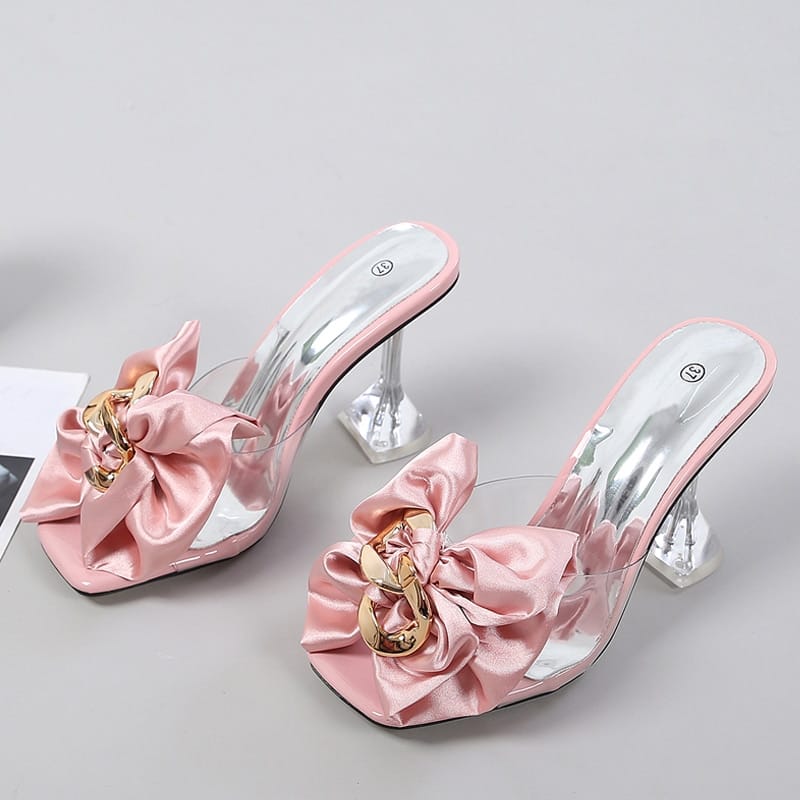 Rachymack Pink Butterfly-knot Designer Sandals Clear Heels