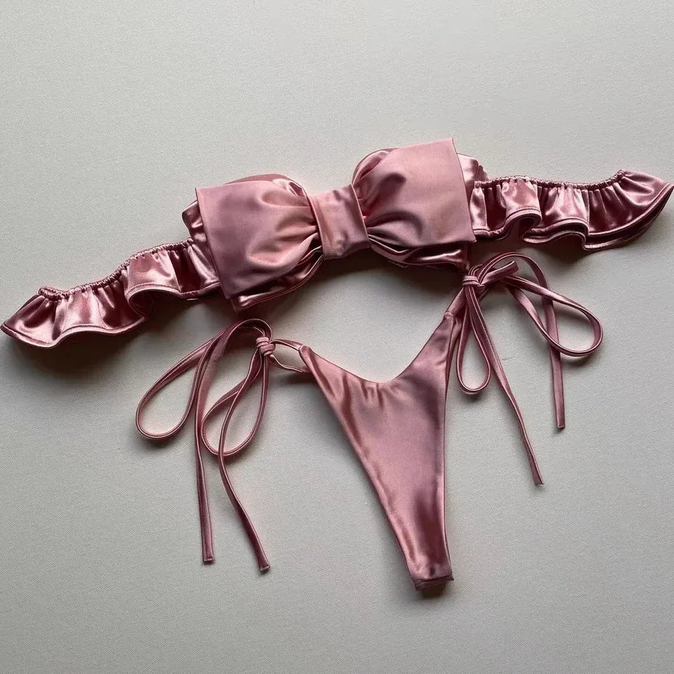 Rachymack Pink / M Sexy 2 Pieces Pink Bandeau Bikini 2024 Women Swimsuit Thong Swimwear Big Bow Bikinis Ruffle Korean Beach Wear Y2K Bathing Suit