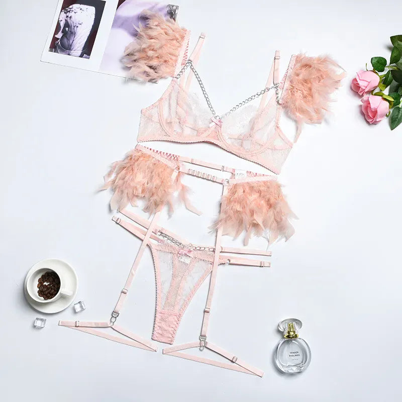 Rachymack Pink / S Lace Feather Exotic Set: Sexy Lingerie Trio