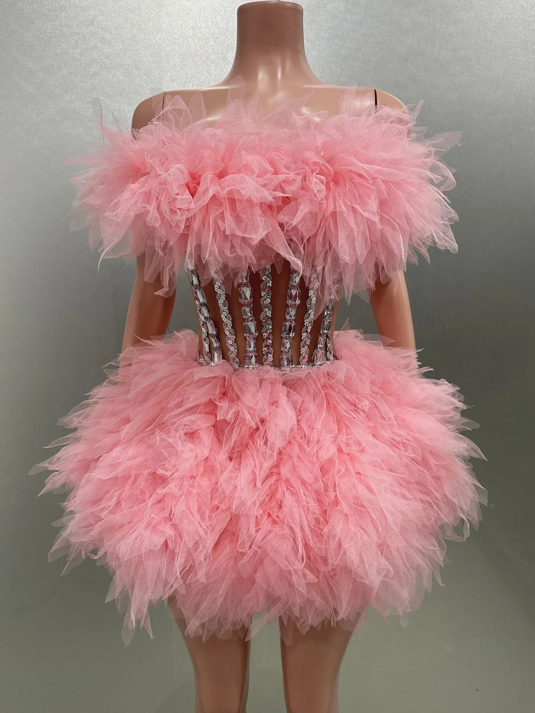 Rachymack Pink / XL Sexy Strapless Mesh Ruffle 2-Piece Mini Dress – Party & Photoshoot Ready