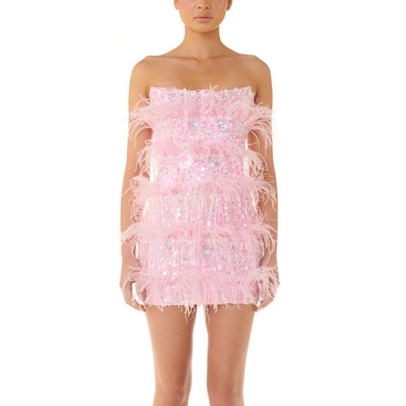 Rachymack Pink / XS Sexy Strapless Ostrich Feathers Sequins Dress