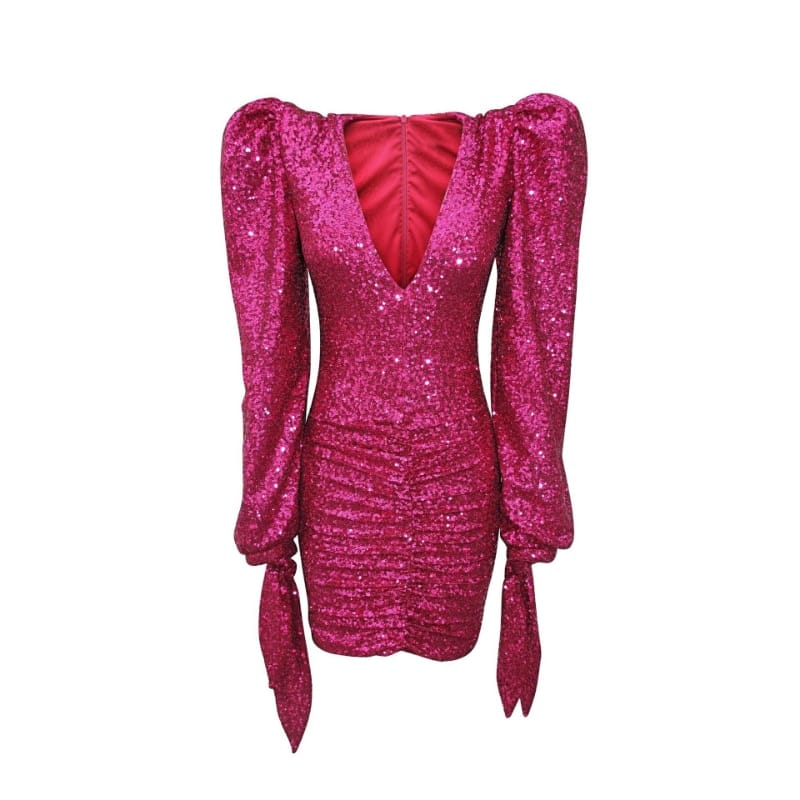 Rachymack Pleated Sexy Pink Deep V Sequin Dress