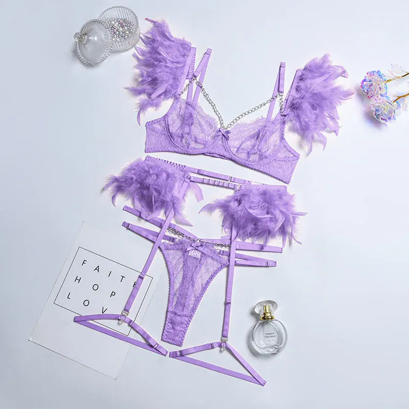 Rachymack purple / S Lace Feather Exotic Set: Sexy Lingerie Trio