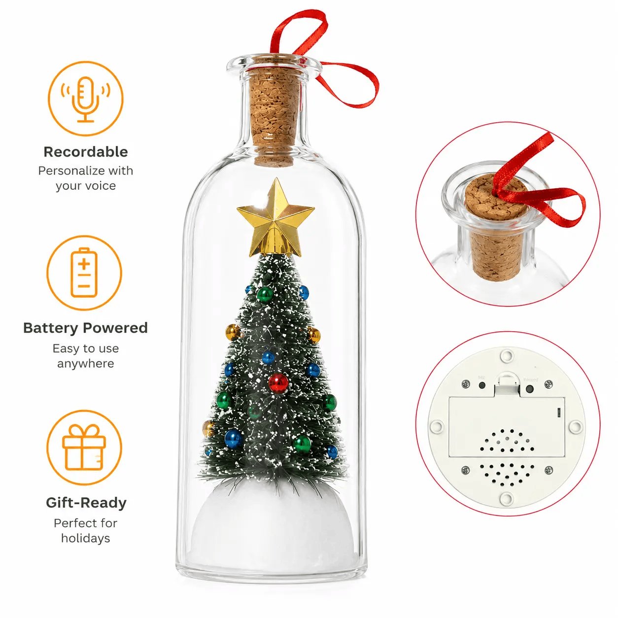 Rachymack Recordable Christmas Message in a Bottle Ornament 8 Inch Voice Recording Holiday Keepsake with Playback Snowy Christmas Tree Scene Glass Bottle Decoration for Tree Home and Gift