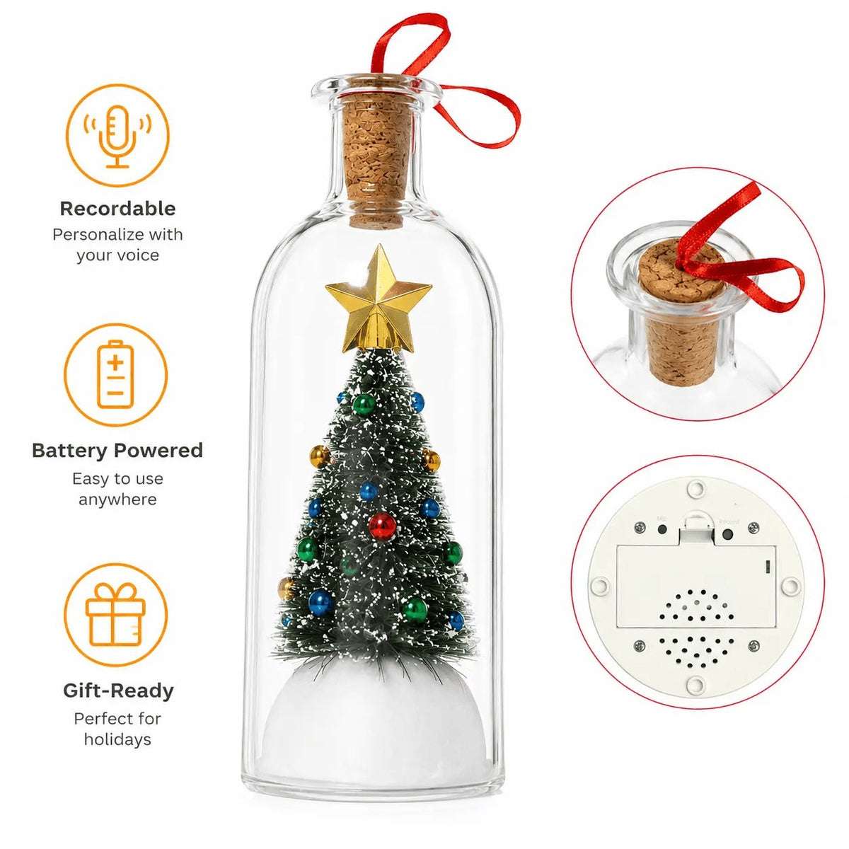 Rachymack Recordable Christmas Message in a Bottle Ornament 8 Inch Voice Recording Holiday Keepsake with Playback Snowy Christmas Tree Scene Glass Bottle Decoration for Tree Home and Gift