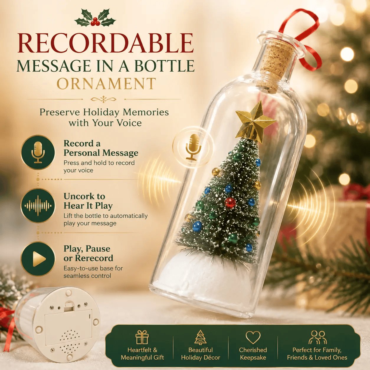 Rachymack Recordable Christmas Message in a Bottle Ornament 8 Inch Voice Recording Holiday Keepsake with Playback Snowy Christmas Tree Scene Glass Bottle Decoration for Tree Home and Gift