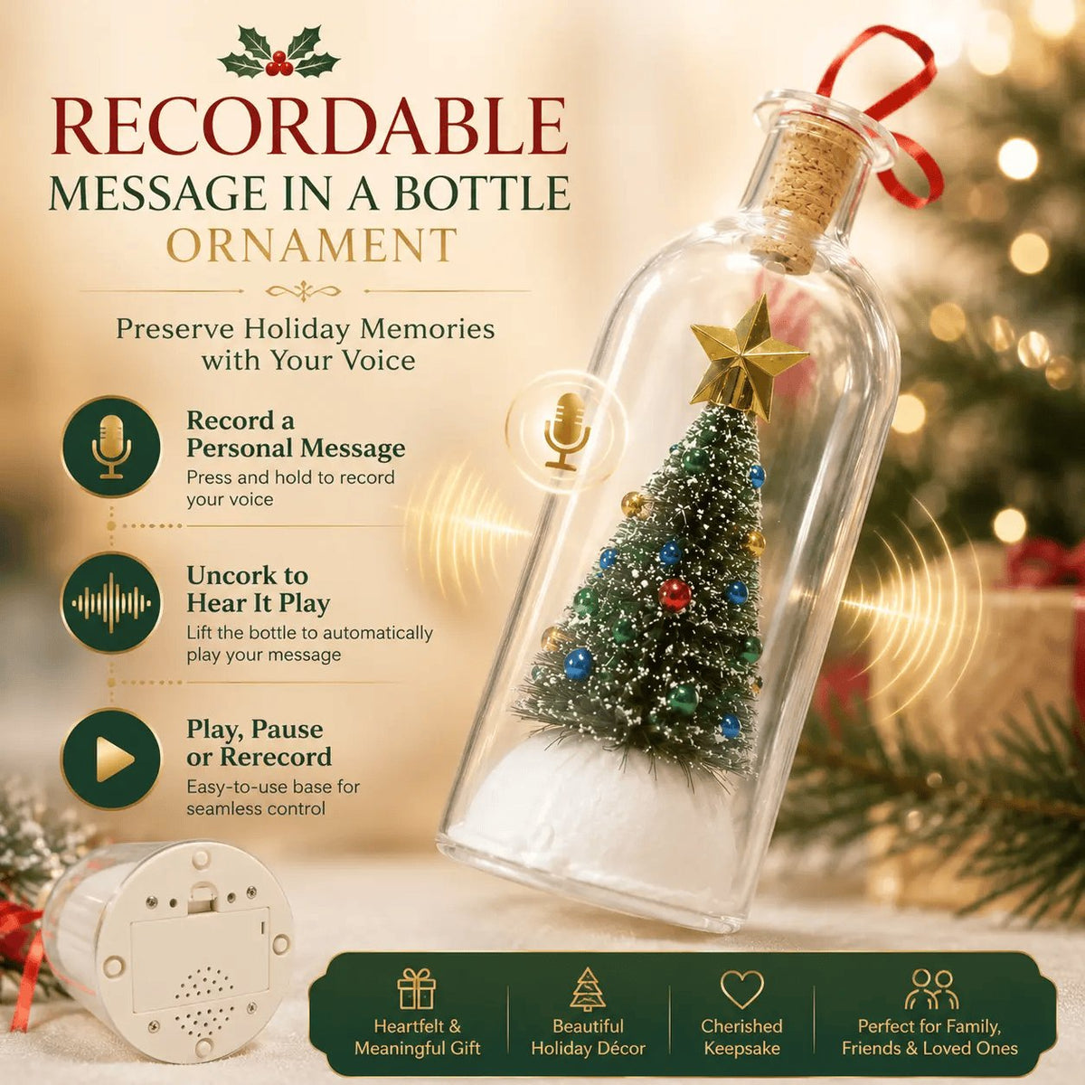 Rachymack Recordable Christmas Message in a Bottle Ornament 8 Inch Voice Recording Holiday Keepsake with Playback Snowy Christmas Tree Scene Glass Bottle Decoration for Tree Home and Gift