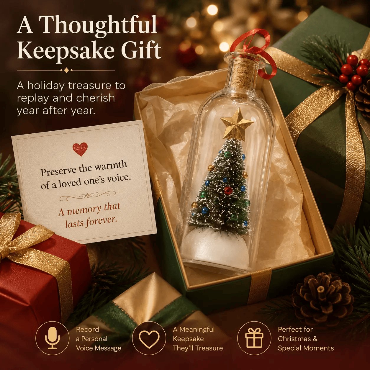 Rachymack Recordable Christmas Message in a Bottle Ornament 8 Inch Voice Recording Holiday Keepsake with Playback Snowy Christmas Tree Scene Glass Bottle Decoration for Tree Home and Gift