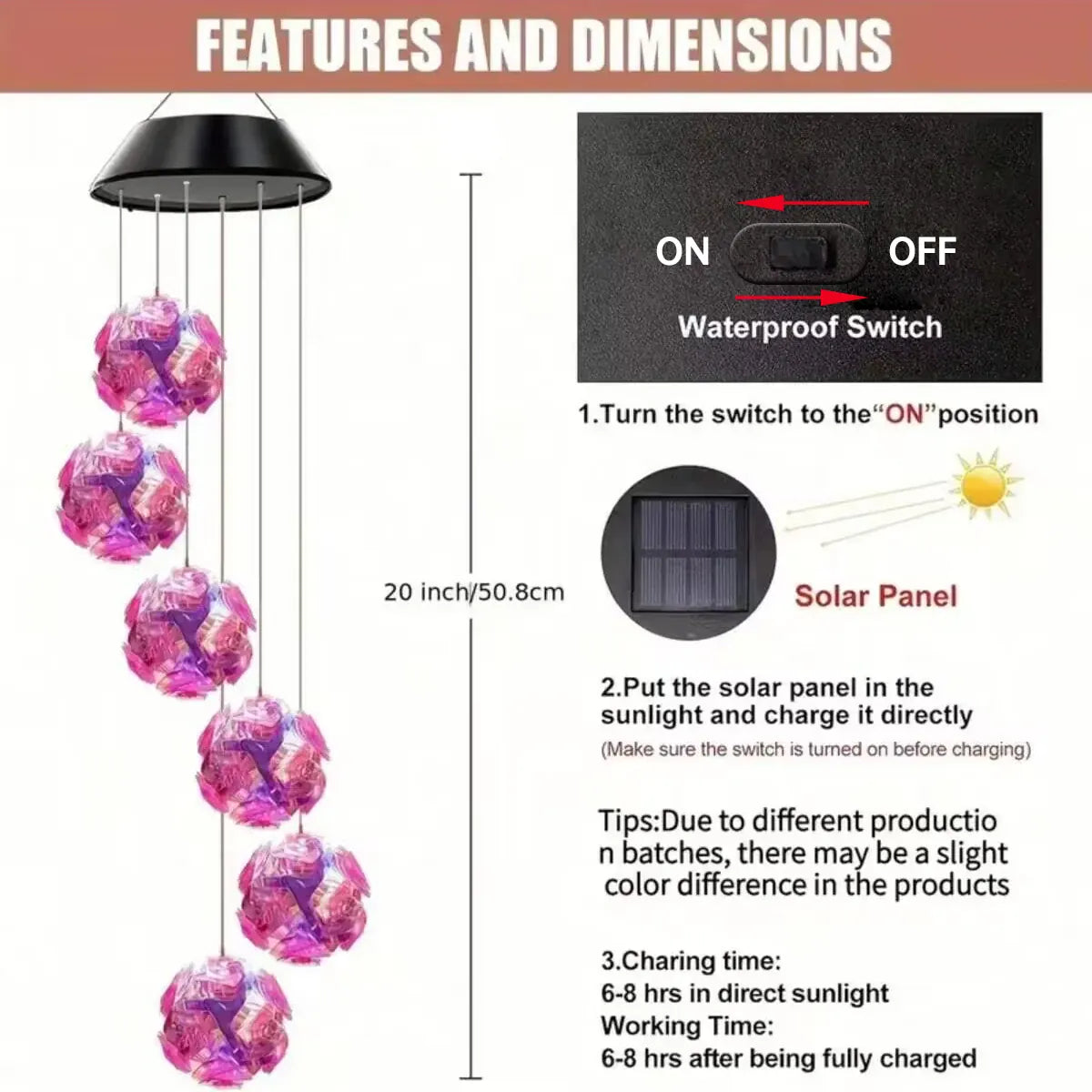 Rachymack Rgb Illuminate Your Outdoors with the 1Pc Solar Powered Color Changing Pink Embroidered Ball Flower Wind Chime Light