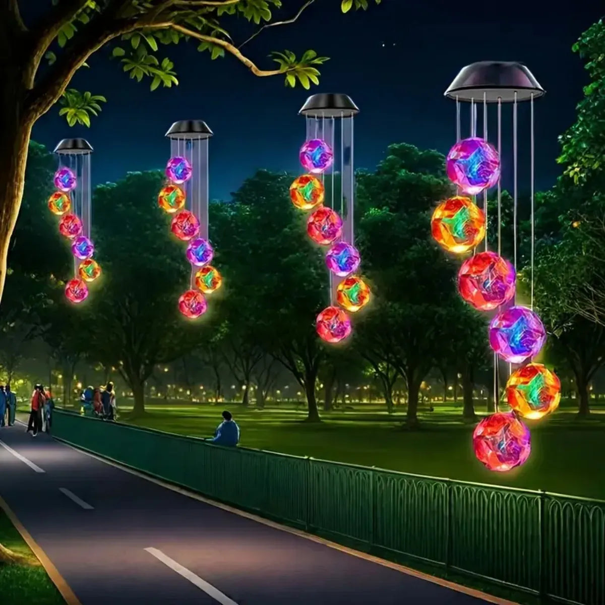 Rachymack Rgb Illuminate Your Outdoors with the 1Pc Solar Powered Color Changing Pink Embroidered Ball Flower Wind Chime Light