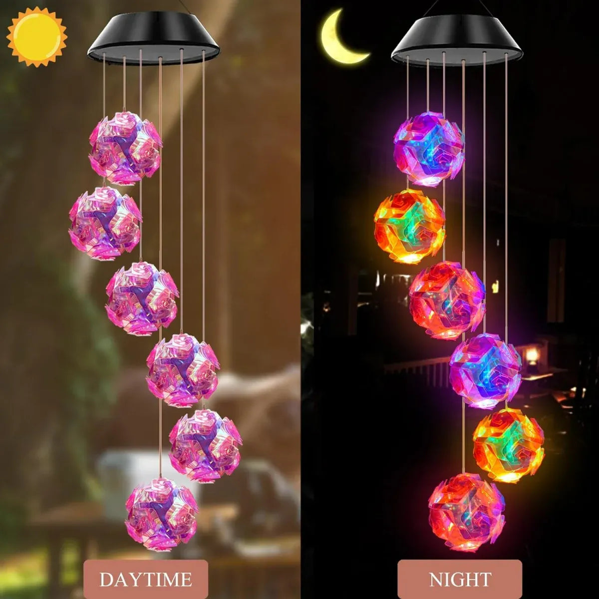 Rachymack Rgb Illuminate Your Outdoors with the 1Pc Solar Powered Color Changing Pink Embroidered Ball Flower Wind Chime Light