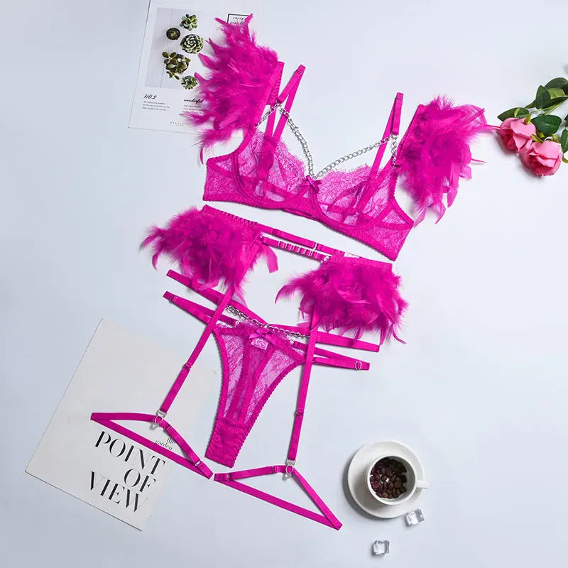 Rachymack rose red / S Lace Feather Exotic Set: Sexy Lingerie Trio