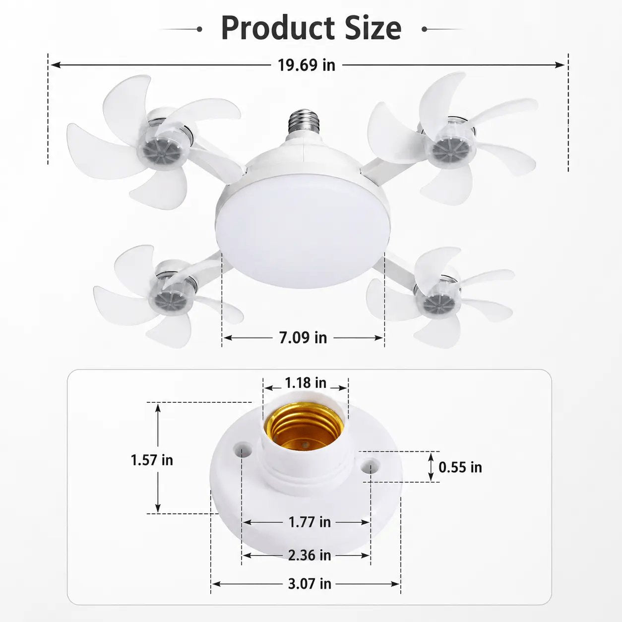 Rachymack Ruxacty Screw in Ceiling Fan Light with Remote Control 19.7 Inch Foldable LED Socket Fan Light E26 Medium Base Ceiling Fan with 4 Fan Blades Quiet Airflow Bright Lighting Easy Installation for Bedroom Kitchen Garage Office and Dorm