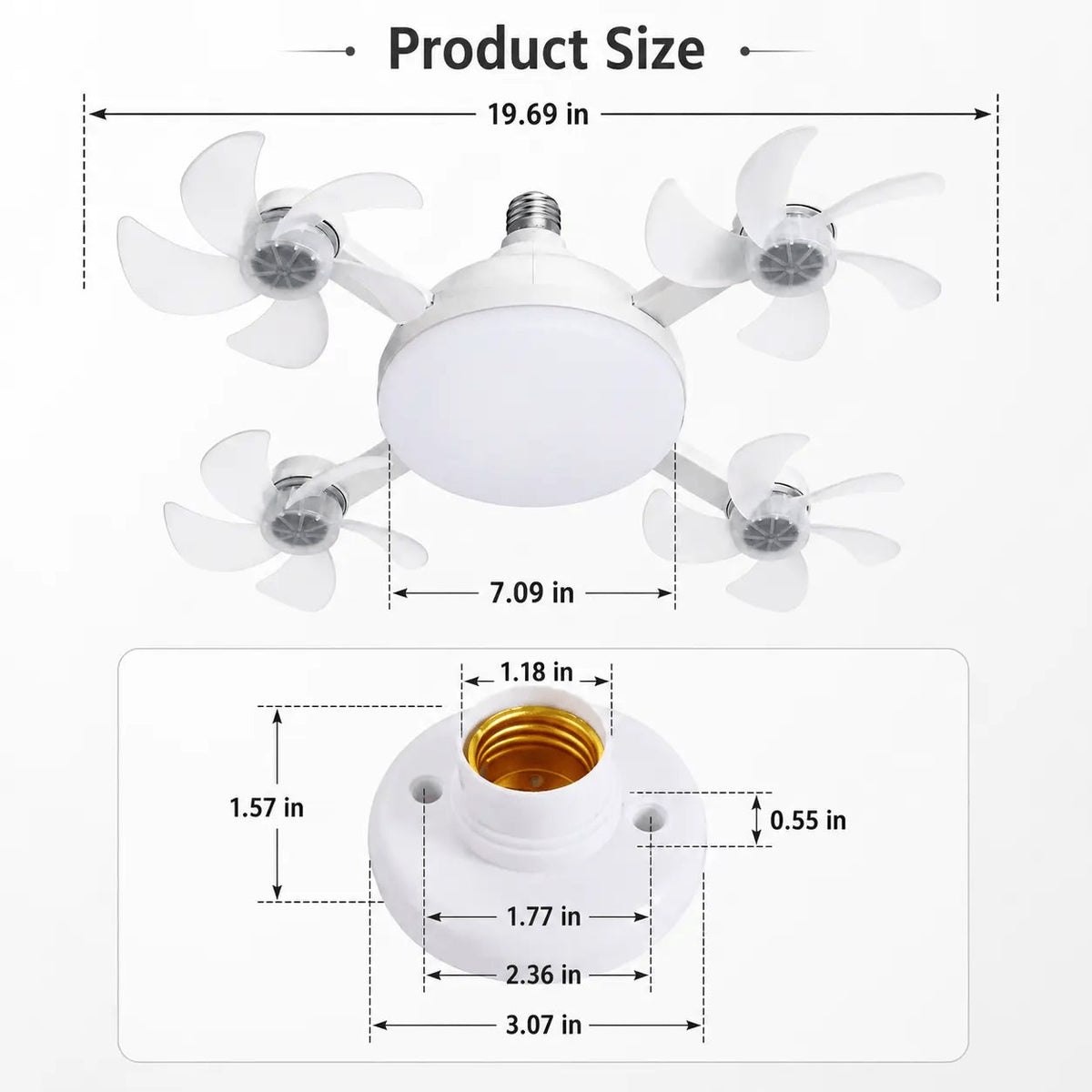 Rachymack Ruxacty Screw in Ceiling Fan Light with Remote Control 19.7 Inch Foldable LED Socket Fan Light E26 Medium Base Ceiling Fan with 4 Fan Blades Quiet Airflow Bright Lighting Easy Installation for Bedroom Kitchen Garage Office and Dorm